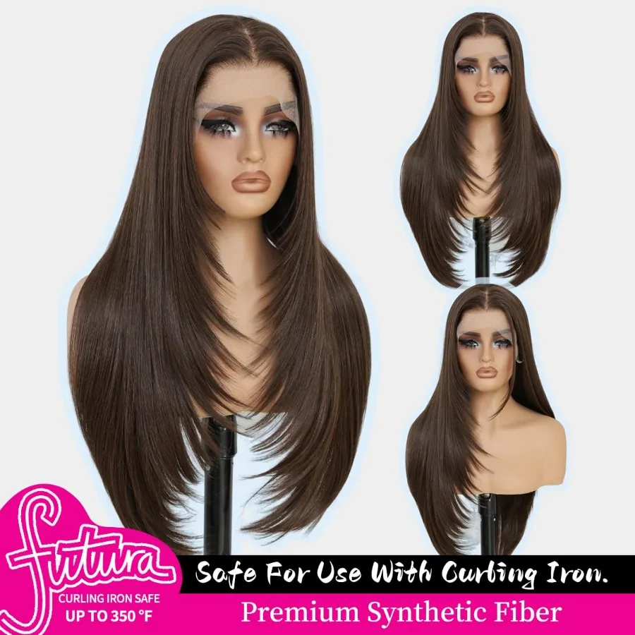 الاصطناعية 13x4 الدانتيل الجبهة الباروكات قبل قطعها الشوكولاته براون شعر مستعار مستقيم للنساء على استعداد لارتداء شعر مستعار غلويليس مع الانفجارات طويلة L #2