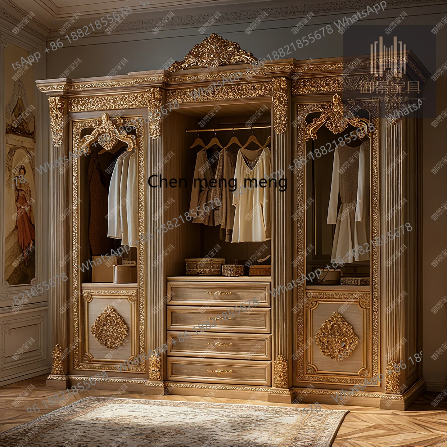 European Style Gold Foil Painted Wardrobe french Solid Wood Storage Carved Glass Door Storage Cabinet Customization
