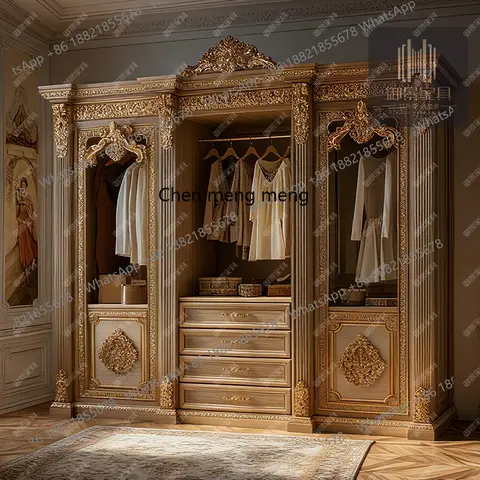 European Style Gold Foil Painted Wardrobe french Solid Wood Storage Carved Glass Door Storage Cabinet Customization