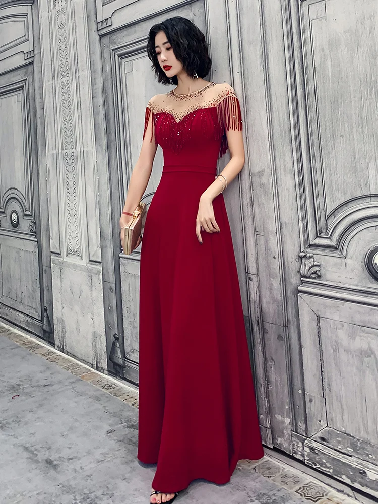 

Ele Long Red Evening Gown with Tassel One oulder Wedding Dr for Women Slimming High End Faionable Faion