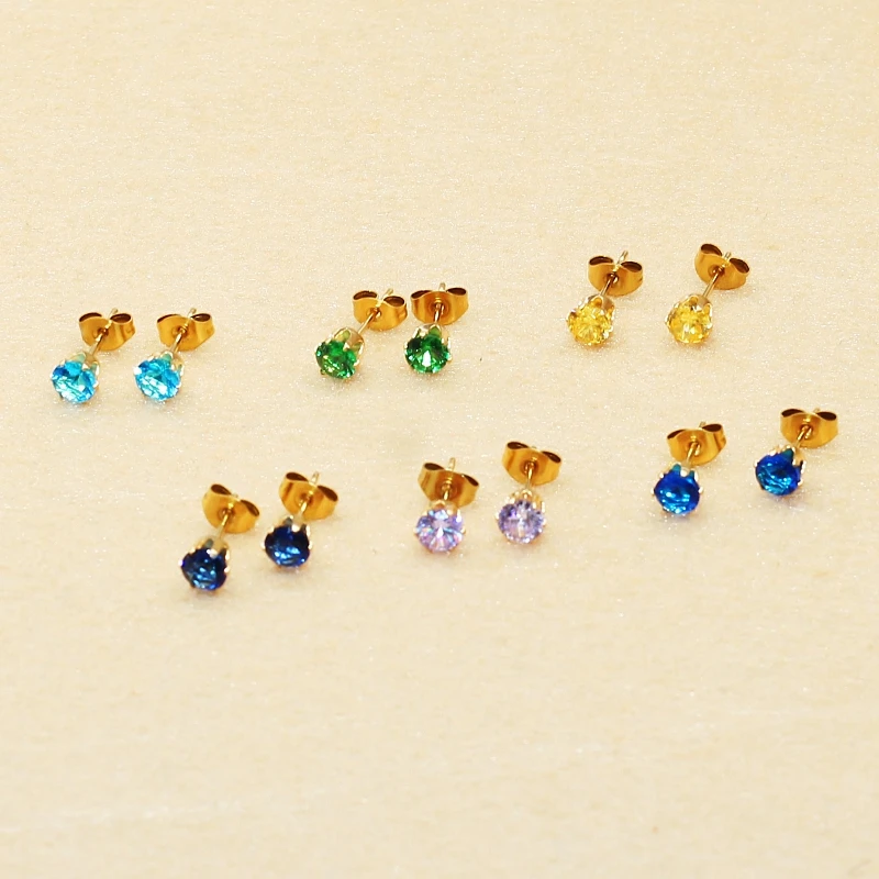 5mm AAA Round Colorful Green Royal Blue Zircons Stud Earrings With Stianless Steel Needle Brief Jewelry No Allergy