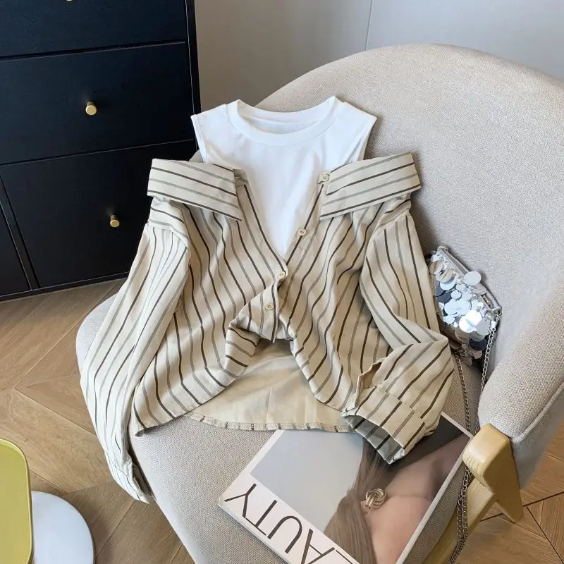 

Casual Striped Patchwork Vest Shirt Women's Long Sleeve Spring Autumn New Korean Style Commute Elegant Top Fashion Ladies' Shirt