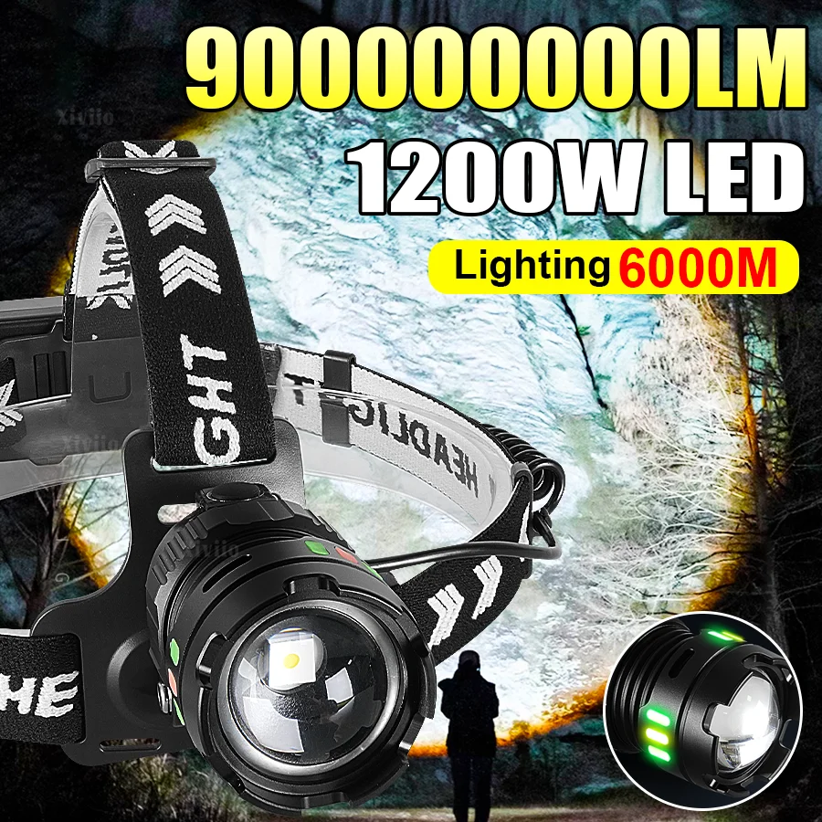 90000LM Powerful LED Headlamp Rechargeable Zoom Headlight Long Shot6000M Outdoor Waterproof Work Head Lamp High Lumen Head Torch