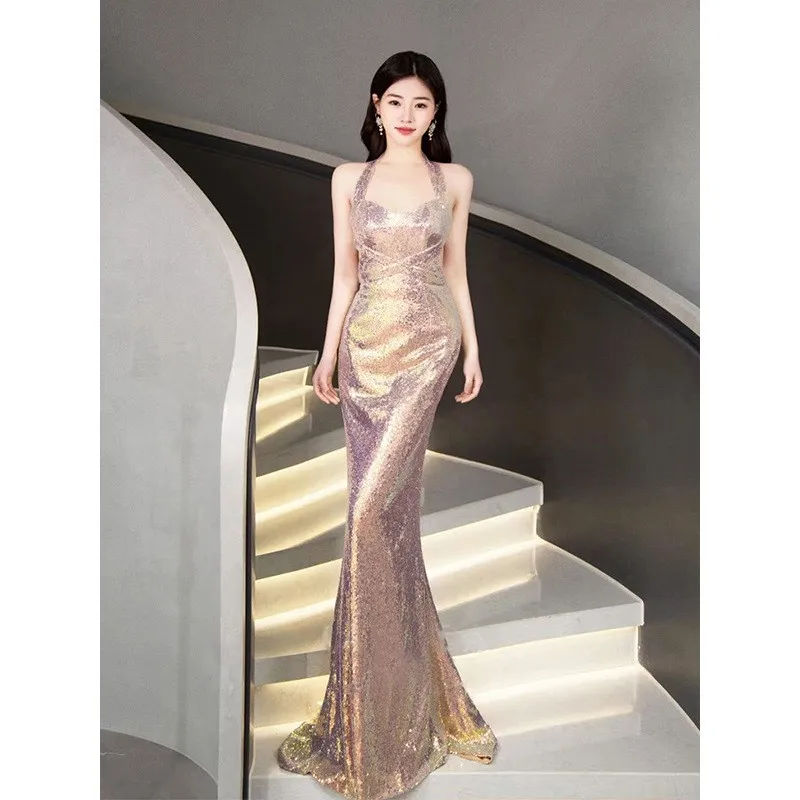 

New dreamy sequined fishtail dress for art examination banquet performance