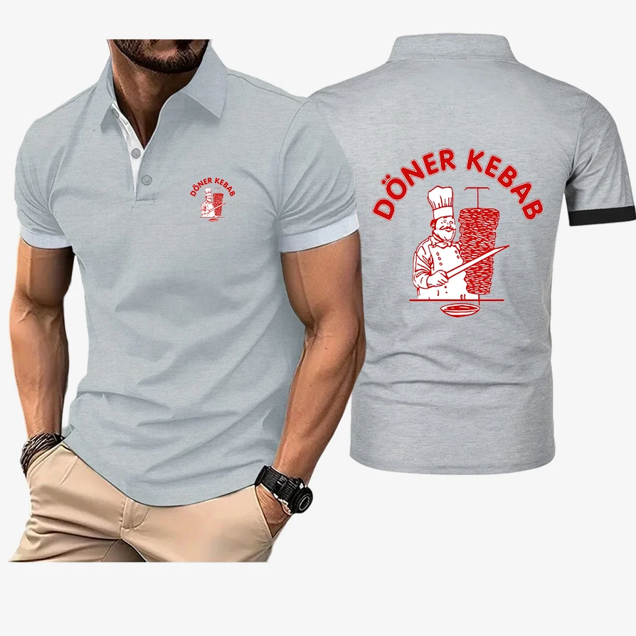 2026 Doner Kebab Print Summer Men's New Style Solid Color Lapel Collar Polo Shirt Cotton Comfortable Short Sleeve Top
