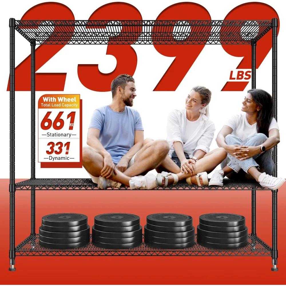 Estantes de fio de metal ajustáveis de 4 camadas para serviço pesado com rodas e pés, 60 racks de armazenamento de largura para capacidade de 2399LBS