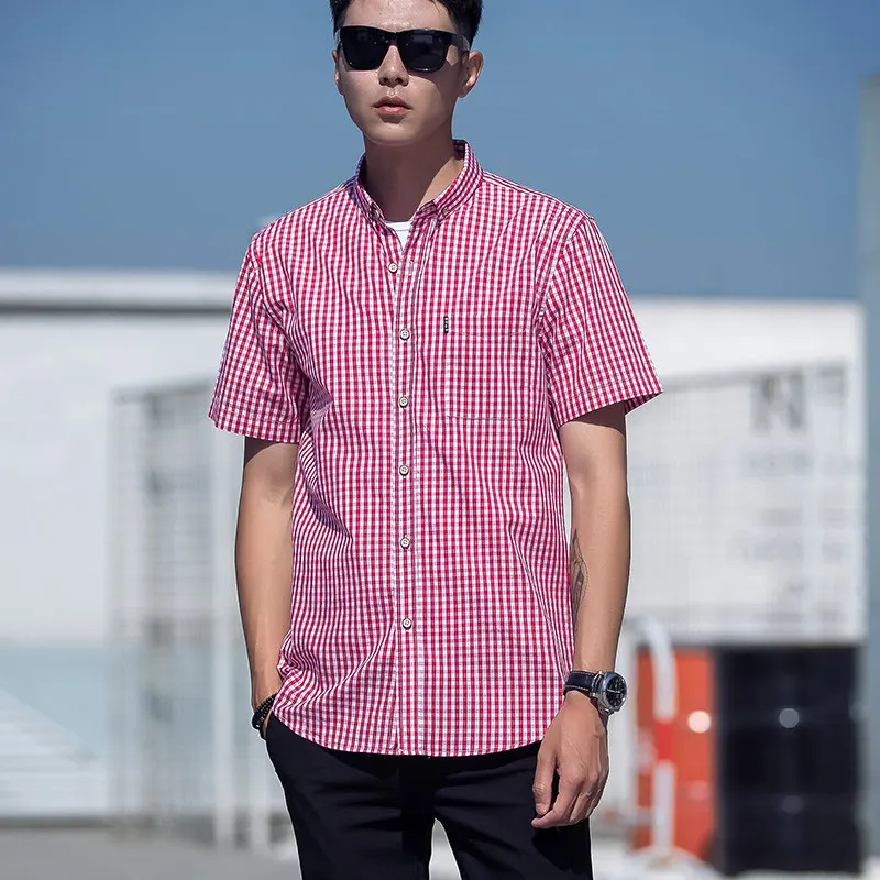 

Summer shin 100%cotton plaid short sleeve shirts for men casual single pocket tops fashion korean popular clothes