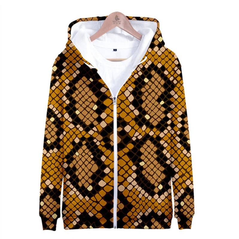 Trendy 3d Print Snake Skin Leopard Zipper Hoodie Men Women Long-Sleeve Oversized Pullovers Casual Street Hooded Sweatshirts