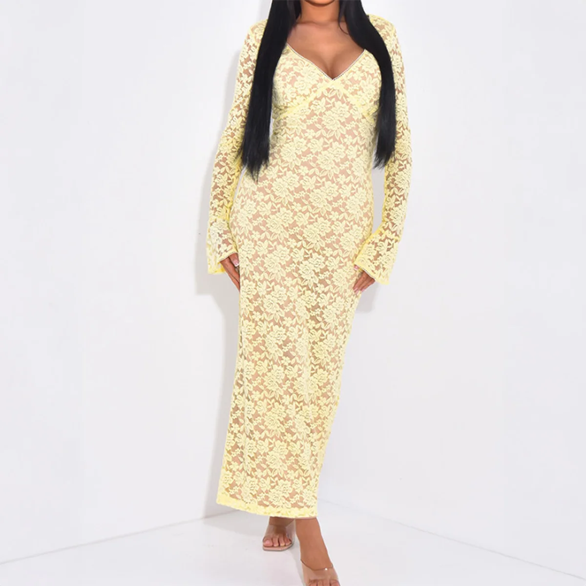 2025 vestido de mujer elegante moda hermosos vestidos de mujer vestidos de noche de fiesta nuevo Y2K Sexy encaje recortado vestido Maxi de manga larga