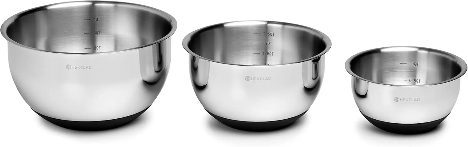 Stainless Steel Mixing Bowl Set 3-Piece with Vacuum Seal Lids and Non-Slip Base  Made From Durable High Quality Stainless Steel