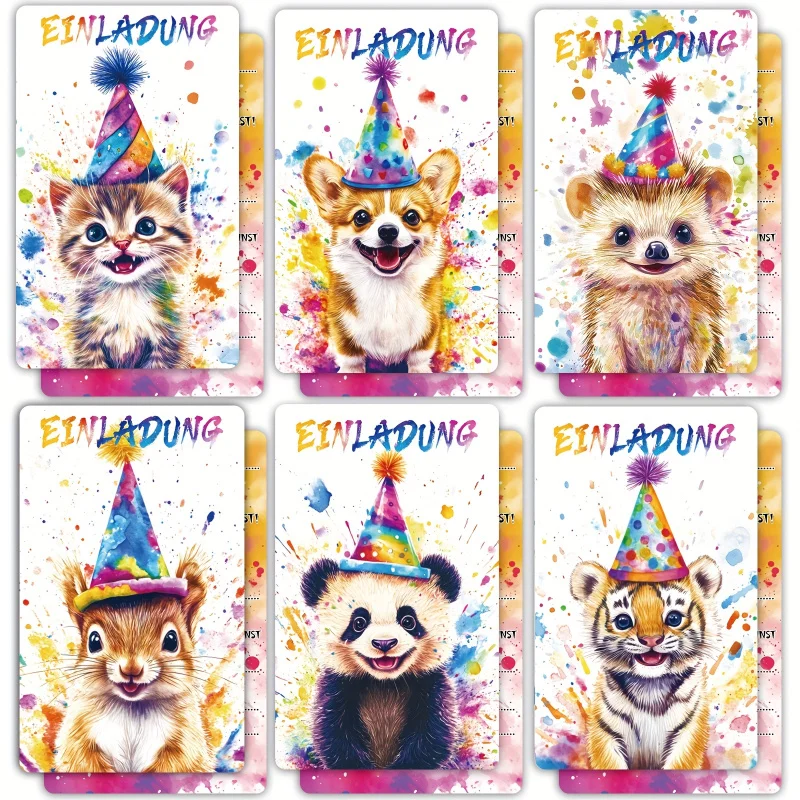 12er-Pack Einladungskarten mit Aquarell-Tiermotiv für die Geburtstagsfeier mit Waldtieren, Tier-Einladungen, 6 Arten süß