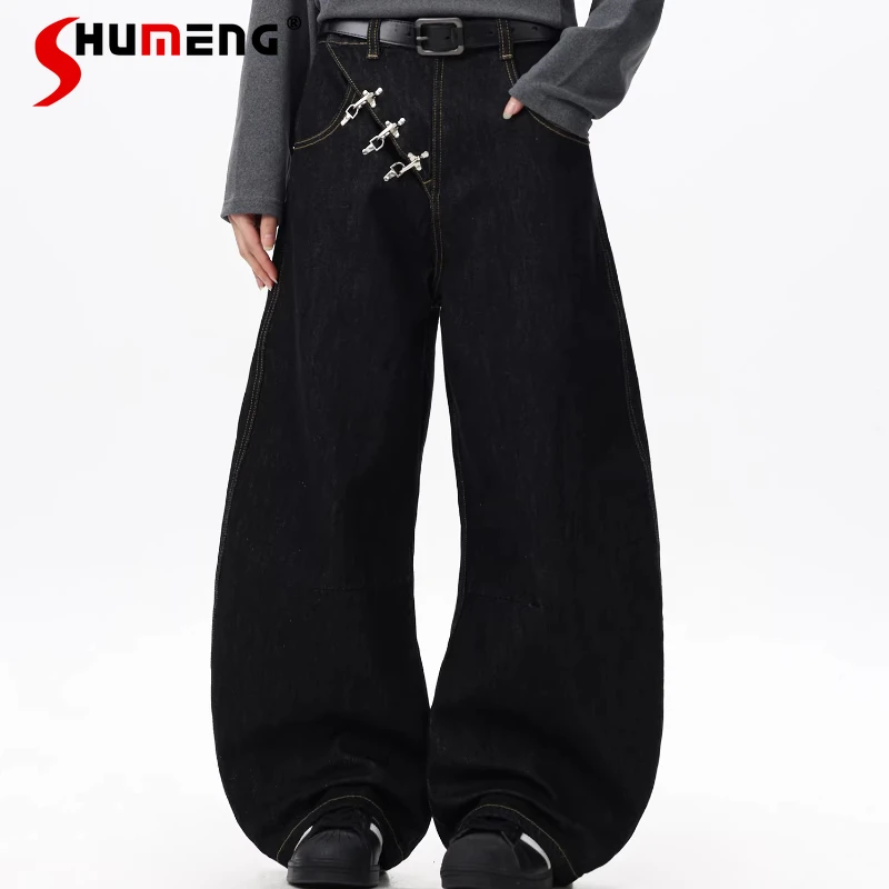 

Men's 2026 Four-season Wear New High-end Denim Trousers Aircraft Buckle Decoration Curved Jeans Men's Loose Wide-leg Denim Pants