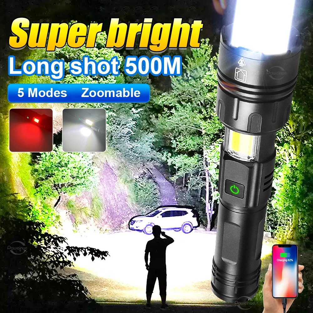

7 Modes Super Bright XHP70 Led Flashlight with COB Side Light Type-C Rechargeable Powerful Tactical Torch Lantern Zoomable Lamp