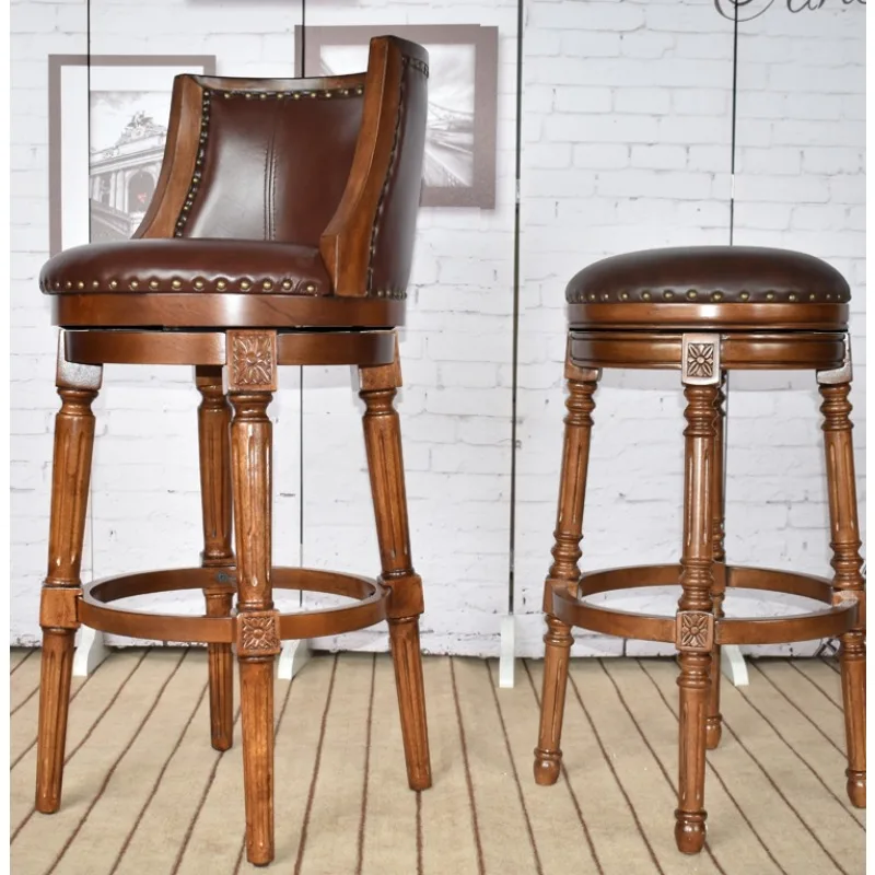 

Промышленный винтажный стул с высокой спинкой и мягкой обивкой из винтажной кожи с деревянными ножками, вращающийся на 360° кухонный барный стул