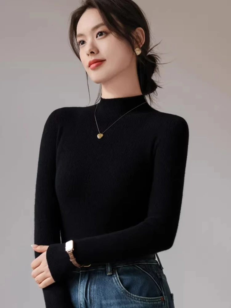 2025 الخريف الشتاء سترة الكشمير المعنقة المرأة عادية الصلبة محبوك القمم التخسيس الياقة المدورة البلوز الأساسية قاعدة كنزة صوف