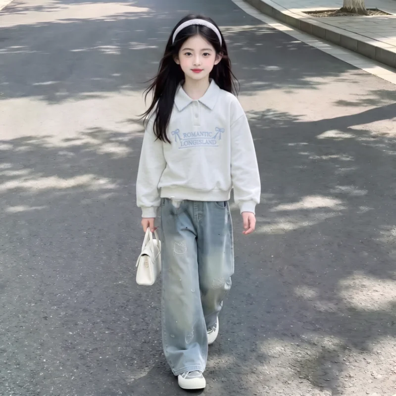 Kids Girls Long‑Sleeve Polo Sweatshirt Bow Letter Embroidery Pullover Preppy Casual School Tops For 6‑16Y