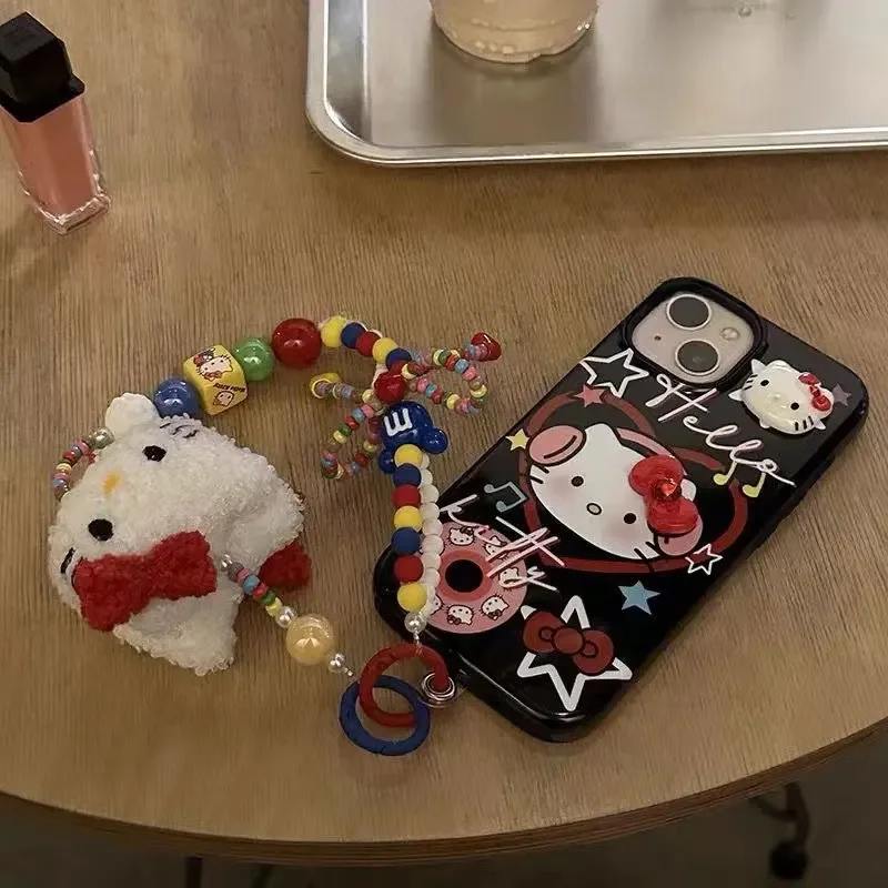 Olá Kitty e Minha Melodia Frisado Chaveiro Colorido, Sanrio Plush Phone Strap, Pulseira De Pulso, Mochila Pingente, Presente Decorativo