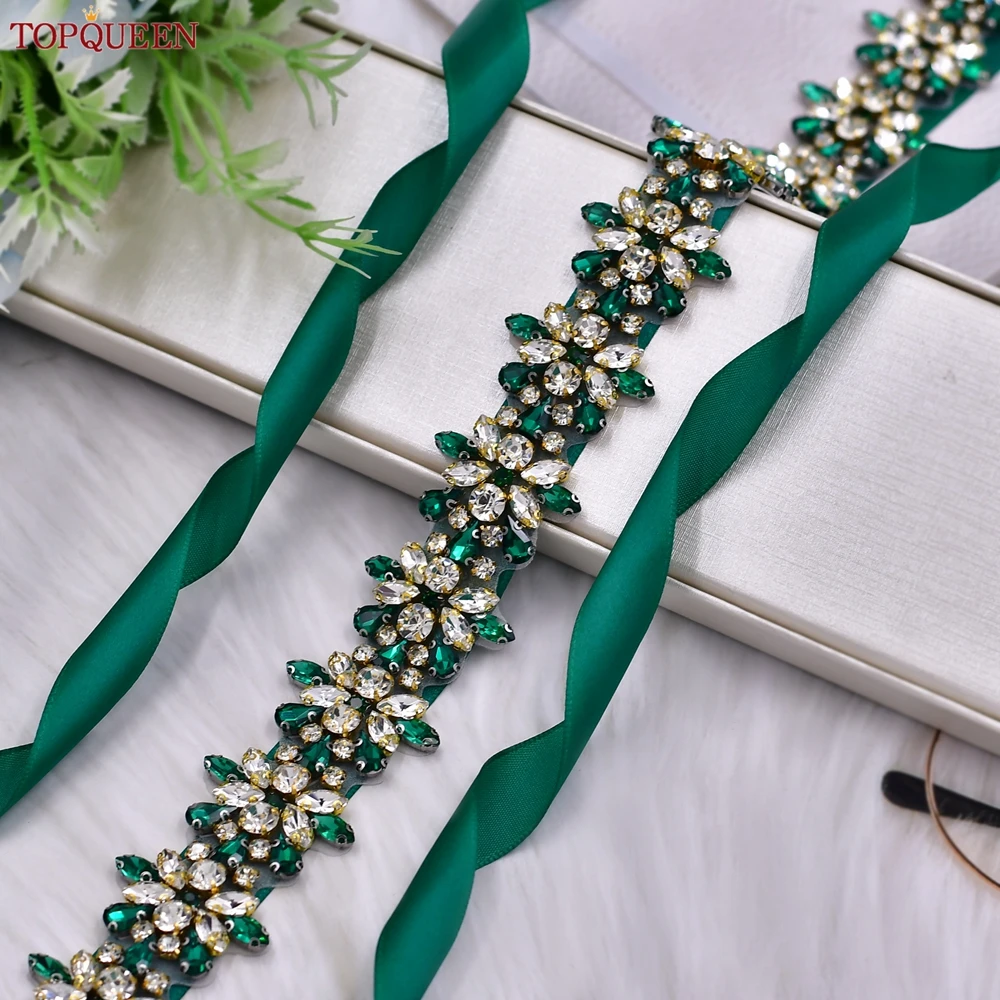 TOPQUEEN Handmade Wedding Belt Gold Green Diamond Bridal Sash Women\'s Stone Belt for Evening Gown Waist Strap S269-KL