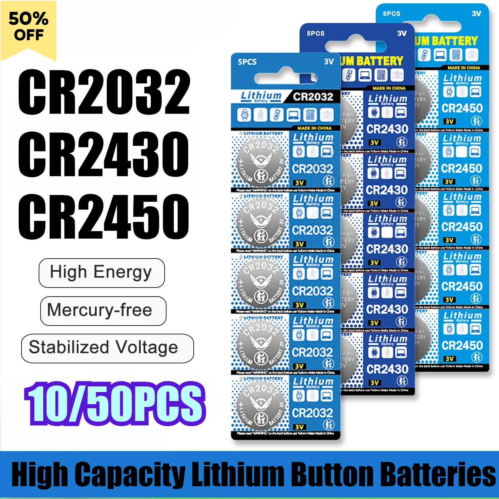 10/50PCS CR2032 CR2430 CR2450 3V Lithium Button Batteries For Watch Remote Control Toy Clock Calculator Coin Cell Battery