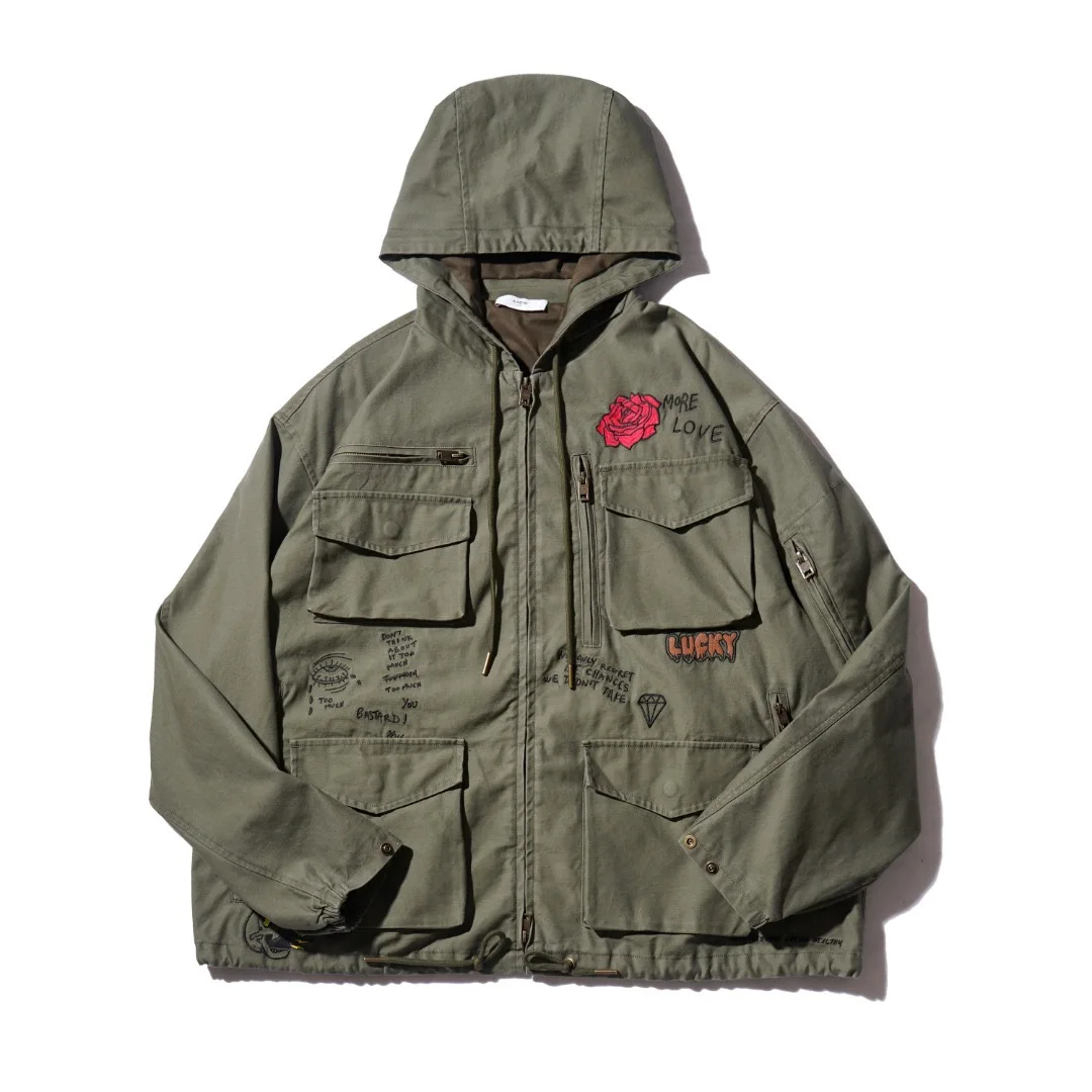 ANEWSTUDIO American-style retro Ami flannel distressed multi-pocket workman's jacket for hunting or military use with embroidery
