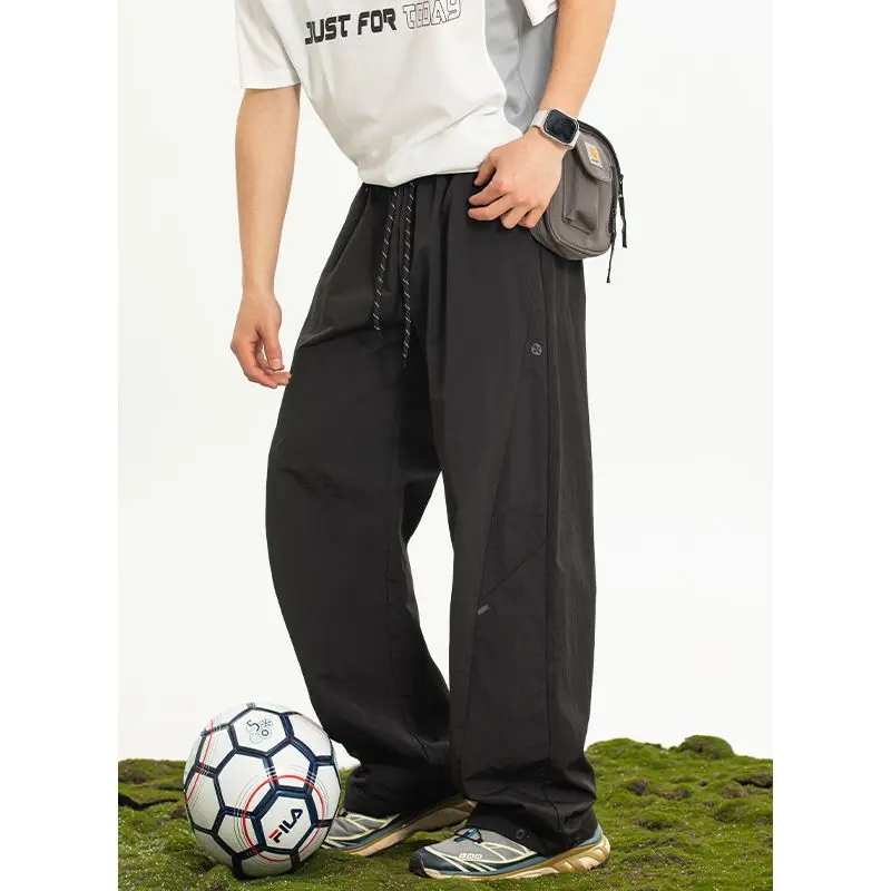 

Spring Summer Outdoor Casual Loose Trousers Pleated Asymmetrical Splitting Waterproof Pants Adjustable Waist Straight Leg Jeans