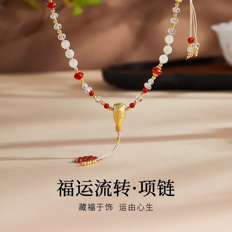 S925 sterling silver Indian pattern tee natural white crystal agate necklace women's retro long fringed sweater chain