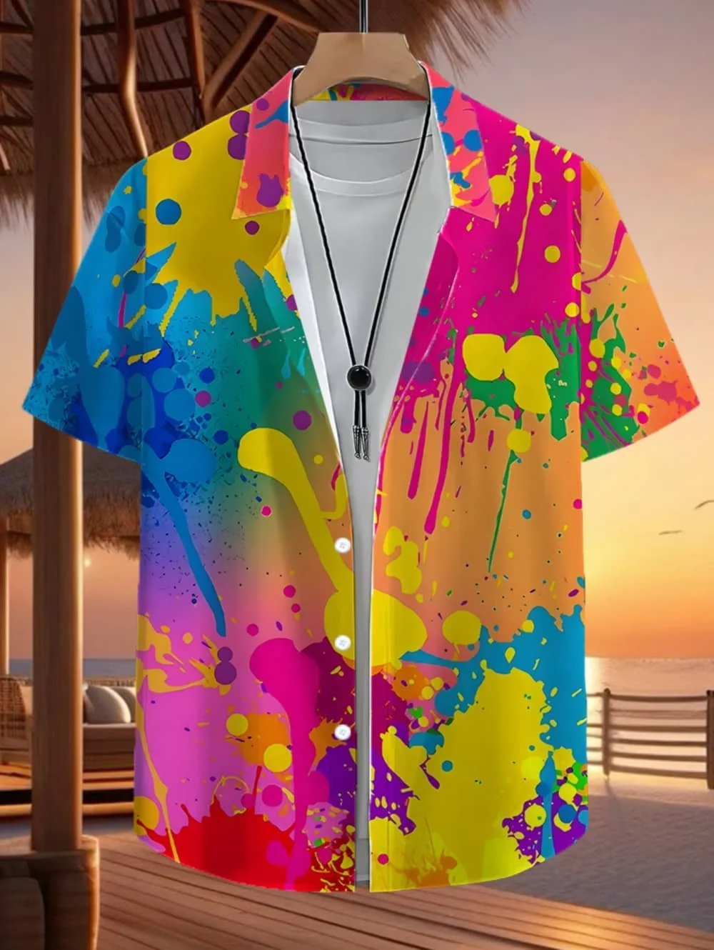 Men's Shirt Summer Casual Vibrant 3D Print Graffiti Art Short Sleeves Lapel Button-Up Top Stylish Streetwear Colorful Shirt Man