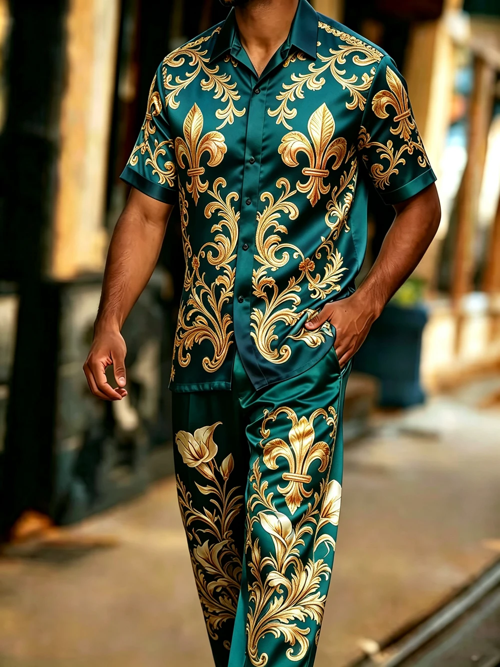 2026 New Premium Men's 2-Piece Outfit, Baroque Colorful Printed Short-Sleeve Shirt and Long Pants, Streetwear Design, Eye-Catchi