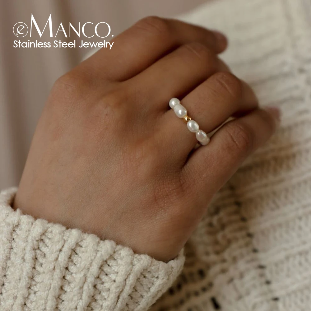 EMANCO  Pearl Finger Ring White Round Pearl Ring Korean Minimalist Wedding Anniversary Gift