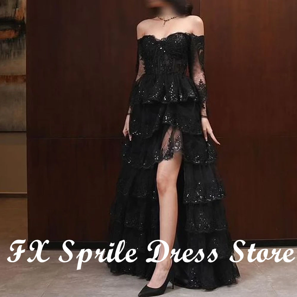 Robe de soirée en tulle noir scintillant, appliques en dentelle, paillettes, robe de Rhformelle, robes de princesse, fête de mariage, 2024