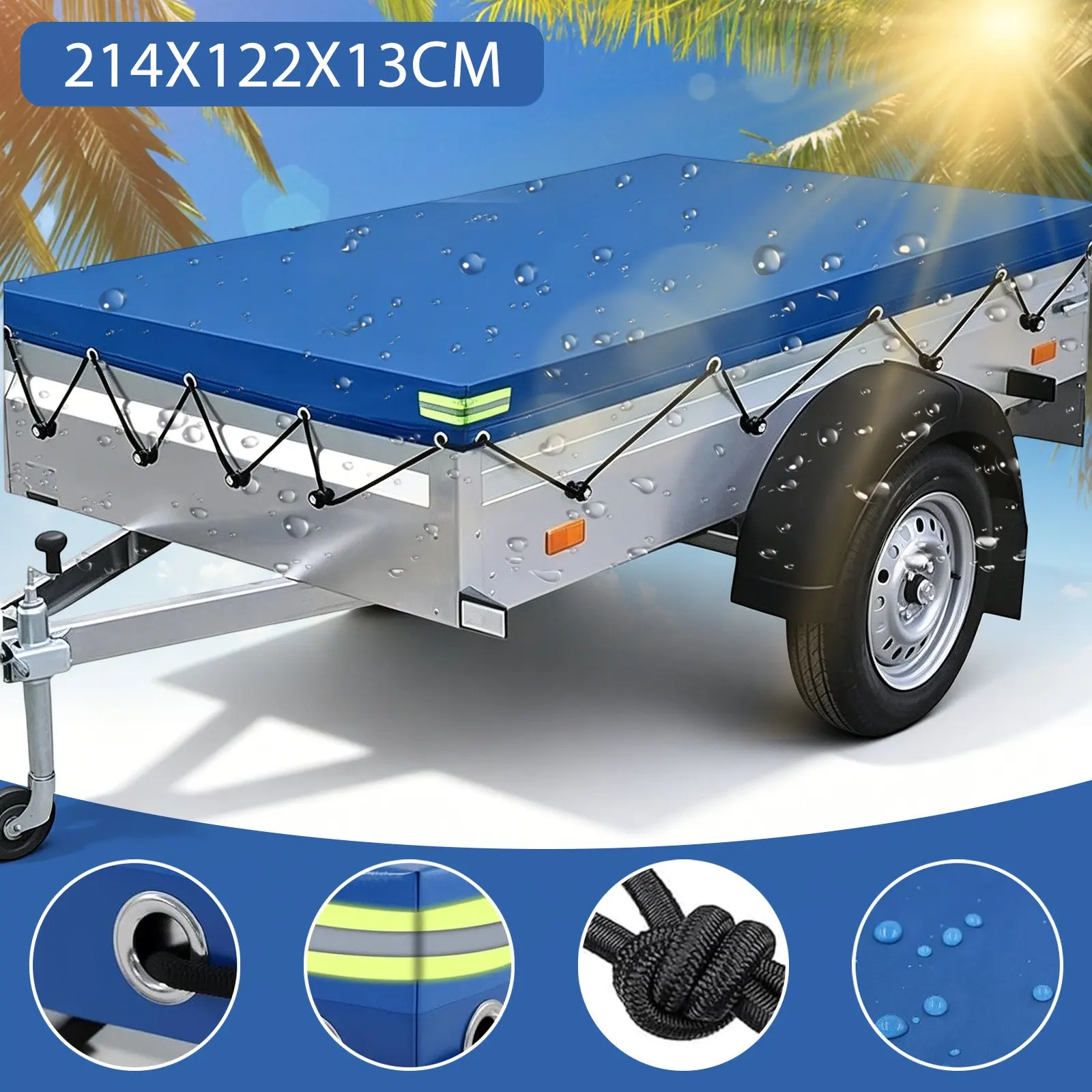 Bâche de remorque bleue 420D argentée, mesurant 214 x 122 x 13 cm, avec bandes réfléchissantes et corde élastique de 8 mètres, adaptée aux remorques de voiture.