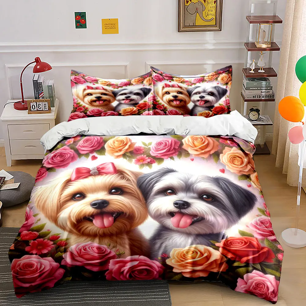 Adorable dogs smiling amidst vibrant flowers Print Duvet Cover Bedding Set Included 1*Duvet Cover 2*Pillowcases