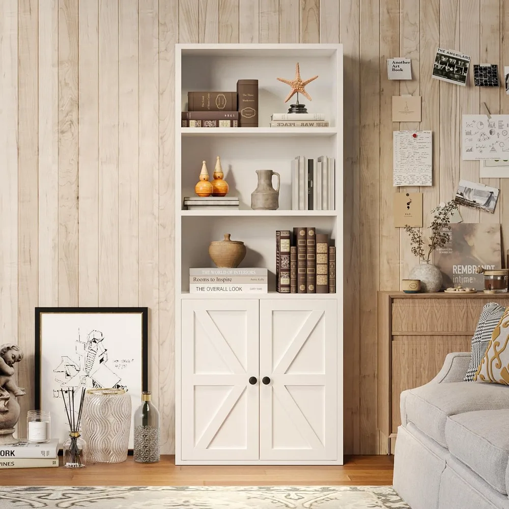 

Bookshelf Bookcase with Doors, 5 Tier Wooden Storage Shelves Organizer, Floor Standing Display Cabinet Shelves, Home Decor Furn