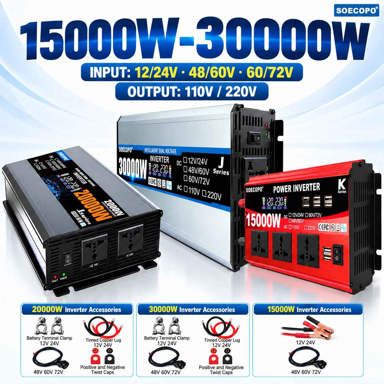 Long Lifespan 15000W-30000W Peak Power Inverter ( DC 12V 24V 48V 60V 72V to AC 110V 220V ) for Picnic Party RV Car Home Backup
