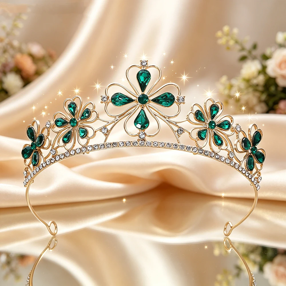 Baroque Four-Leaf Flower Crystal Bridal Tiara Sparkling Rhinestone Floral Queen Crown Elegant Royal Headpiece Wedding Birthday view 2