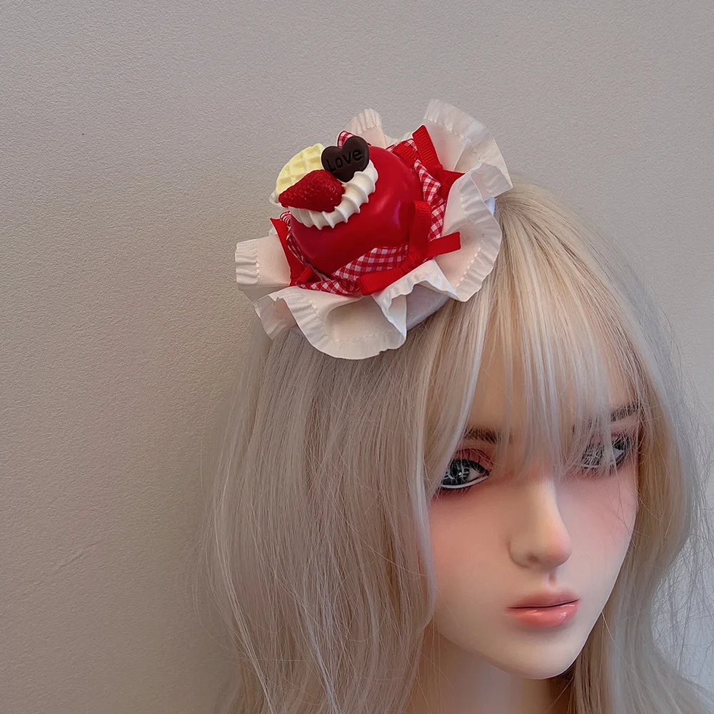 لطيف الحلو كريم كعكة أعلى قبعة الدانتيل القوس لو نيانغ اللباس لوليتا دبوس الشعر قبعة عيد ميلاد #3