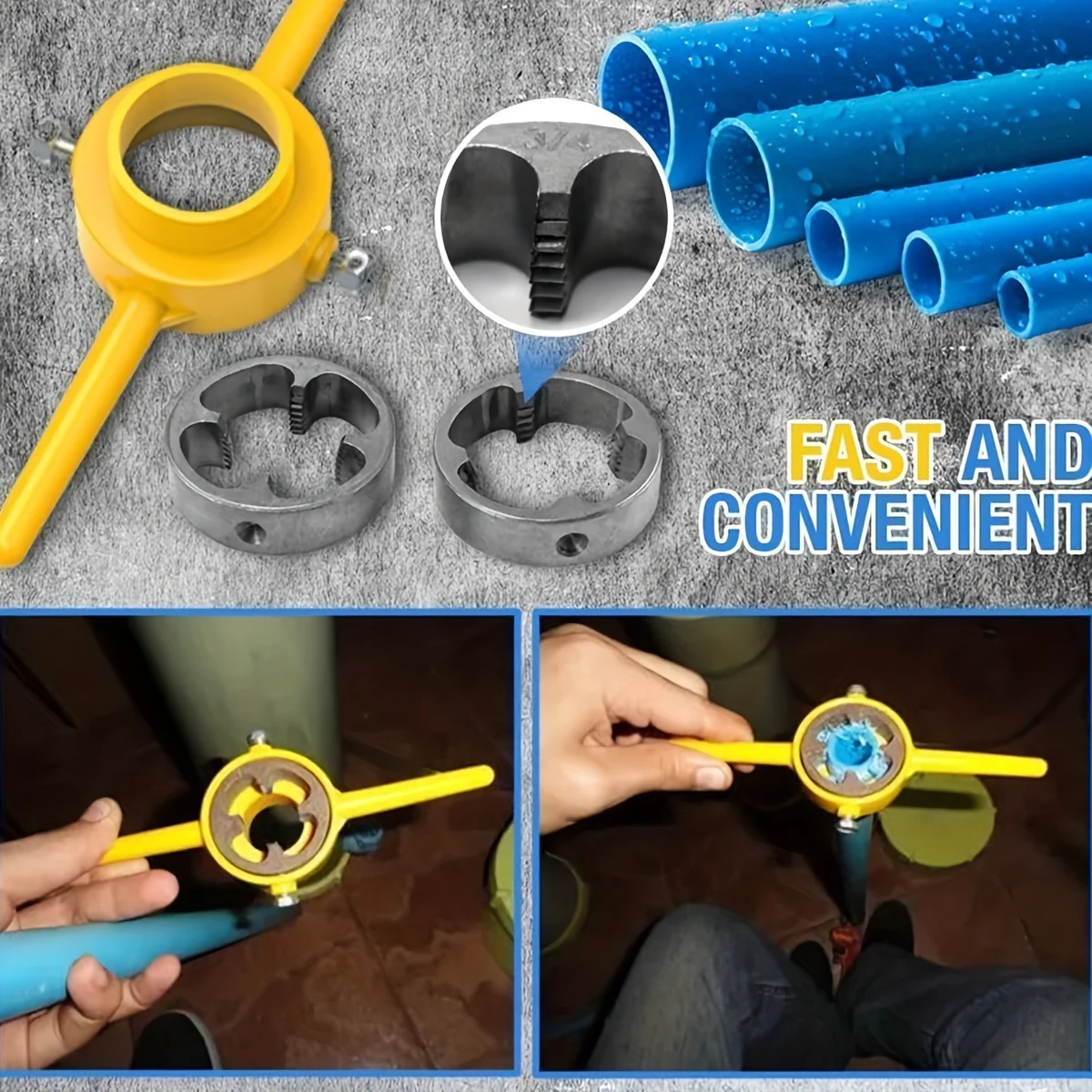 6-teiliges PVC-Rohrgewindeschneidwerkzeug-Set, Gewindeschneidwerkzeug, Rohrgewindeschneidset mit 1/2, 3/4, 1 Zoll Gewindeschneidköpfen, wiederverwendbar – Detail 3