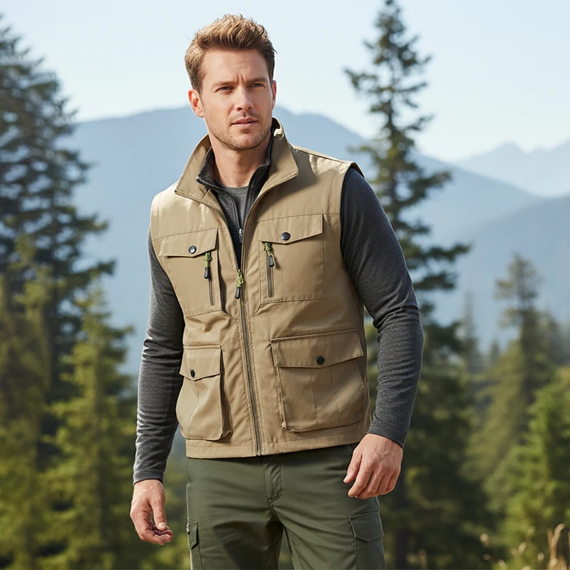 

Мужская дышащая куртка с тонким вертикальным воротником, жилет с несколькими карманами, водонепроницаемый жилет для фотосъемки рыбалки, весна, лето, осень