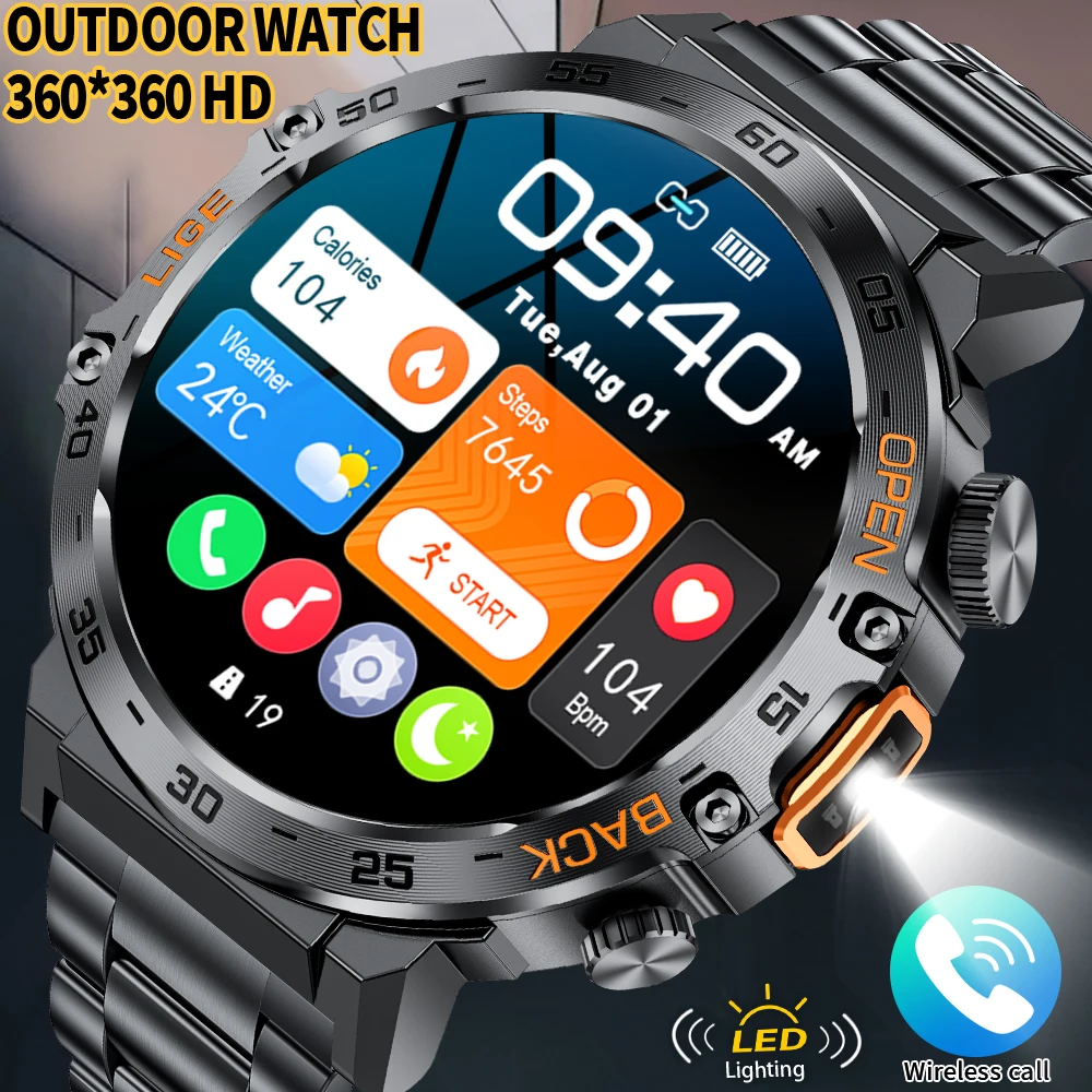 For Huawei Xiaomi New AMOLED Smart Watch Men with Flashlight Sports Waterproof Fitness Tracker Bluetooth Call Smartwatch Man+Box