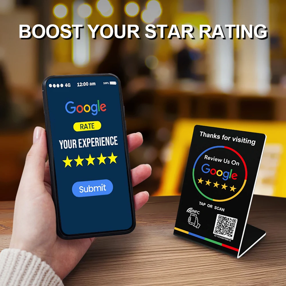 Nfc 215 programmable QR code Google Review Card NFC station table NFC Google Reviews display bending card standing brand bracket