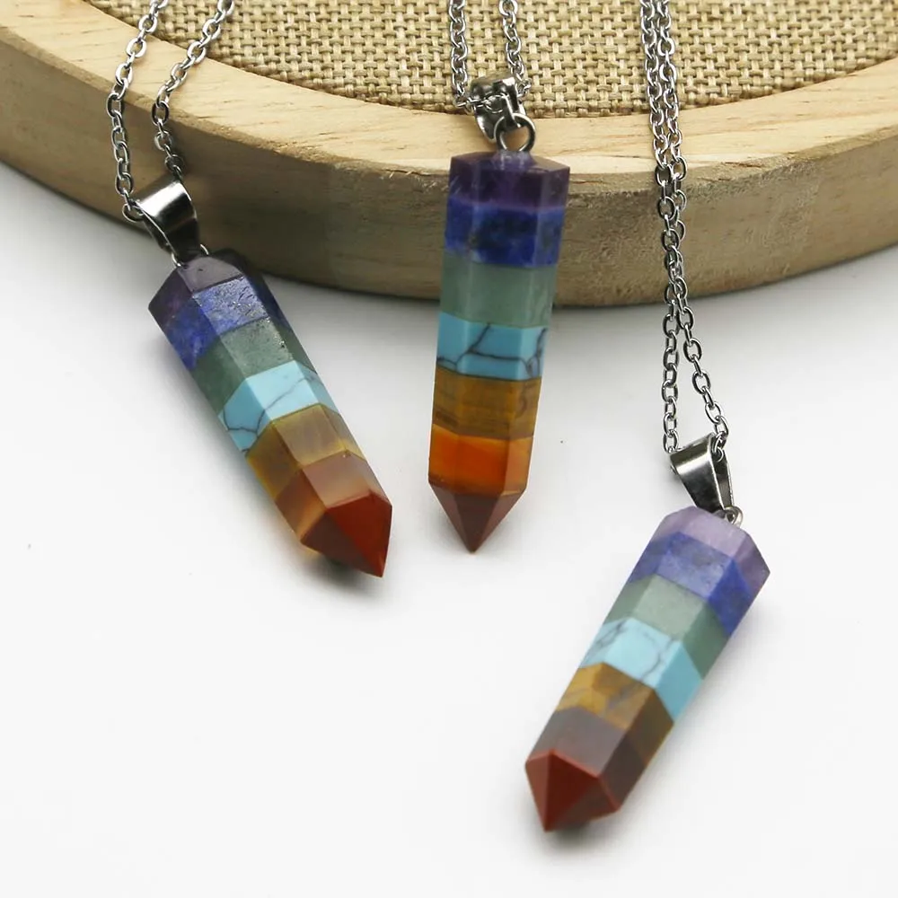 

Natural Stone Seven Chakras Pillar Hexagon Column Necklace Pendant Stainless Steel Chain Reiki Charm Jewelry Gift Wholesale 4Pcs