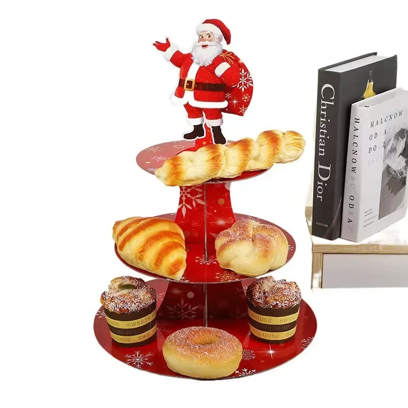 Santa Claus Multi-tier Cake Stand Display Stand Paper Tray Party Setup Three Layer Cake Rack Party Products Supplies