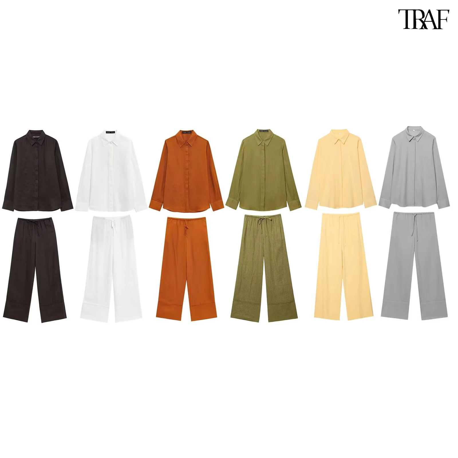 

TRAF Women's New Elegant Long Sleeve Casual Loose Shirt + High Waisted Wide Leg Straight Pants Summer Simple Commuter Suit