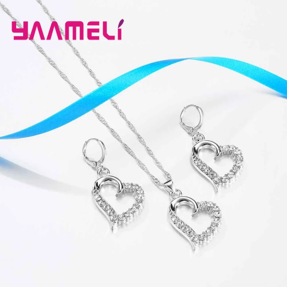 925 Sterling Silver Heart Shaped Jewelry For Women Necklace Pendant+Cute Earrings Sets Wedding Dance Party Appointment