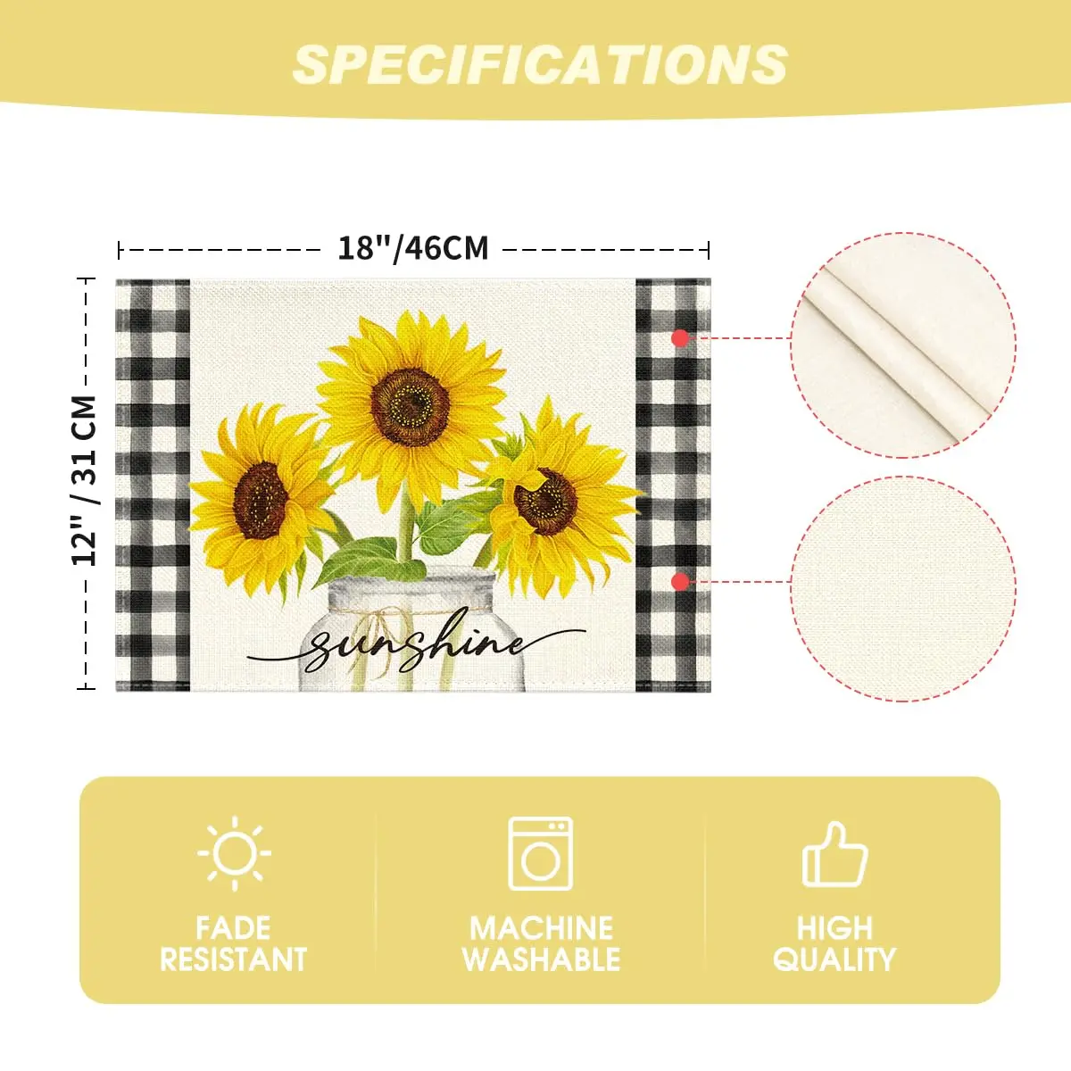 Buffalo Plaid Sunflower Sunshine Vase Summer Placemats Set of 4,12x18 Inch Spring Table Mats for Party Kitchen Dining Decoration