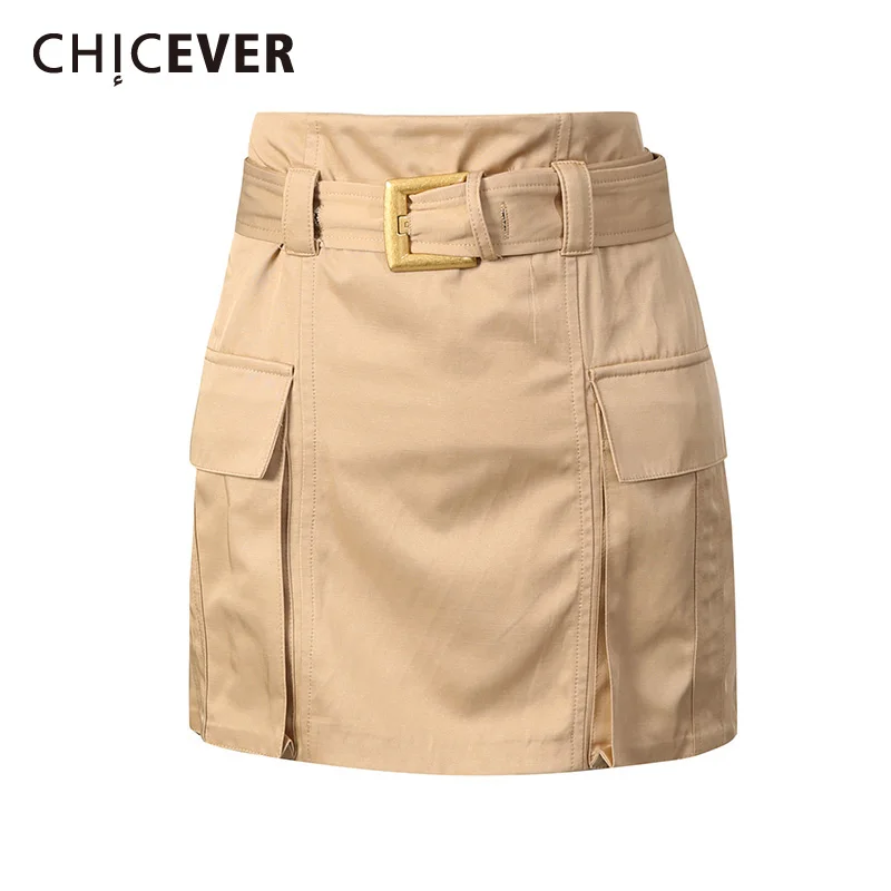 

CHICEVER Khaki Spliced Sashes Basics Skirt Female High Waist Slimming Commute Elegant Women's Skirts Autumn Fashion New Style