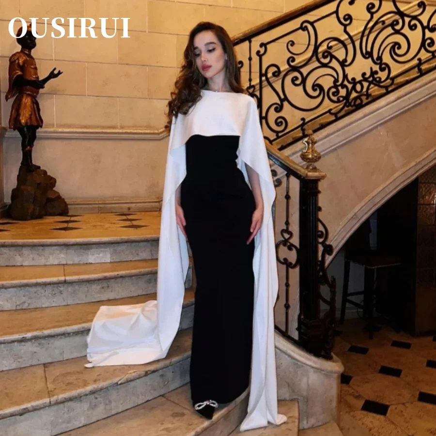 OUSIRUI  Color Round Neck Prom Gown Charming Maxi Dress Solid Evening Dresses Black White Contrast فساتين للحفلات الراقصة