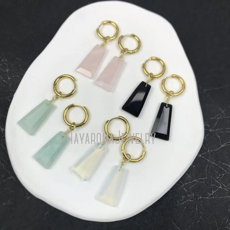 ER45479  Rose Quartz Black Obsidian Amazonite Opal Crystal Coffin Dangle Earrings 18k Gold Plated Stainless Steel Hoops Huggie