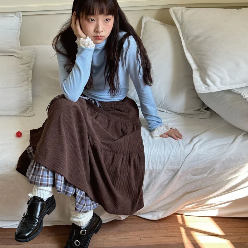 Japanische Retro Plaid Patchwork Cord Kuchen Rock Frauen Herbst Winter Adrette Vielseitig A-line Lonf Röcke Faldas