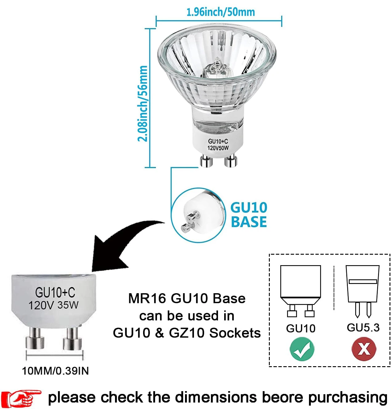 3-Piece GU10 Bulb Halogen 120V 230V 50W, Dimmable, MR16 GU10 Light Bulb Long Lasting Lifespan for Track&Recessed Lighting